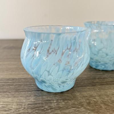 LOT 85K: Simon Pearce Crystal Wavy Edge Bowl w/ Beautiful Light Blue Hand Crafted Lisa Larson Glasses