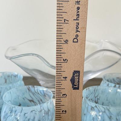 LOT 85K: Simon Pearce Crystal Wavy Edge Bowl w/ Beautiful Light Blue Hand Crafted Lisa Larson Glasses