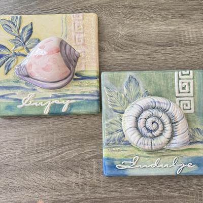 LOT 86K: Beach Themed Artwork: Signed Ceramic Tiles & Matted Print
