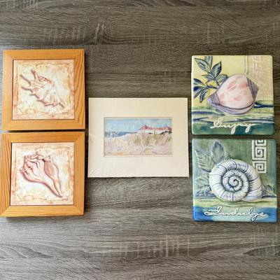 LOT 86K: Beach Themed Artwork: Signed Ceramic Tiles & Matted Print