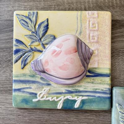 LOT 86K: Beach Themed Artwork: Signed Ceramic Tiles & Matted Print