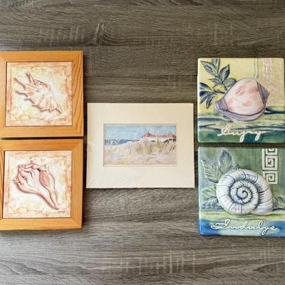 LOT 86K: Beach Themed Artwork: Signed Ceramic Tiles & Matted Print