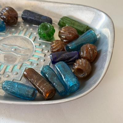 LOT 96K: Vintage Wilton Pewter Bead Tray w/ Collection of Large Glass Beads