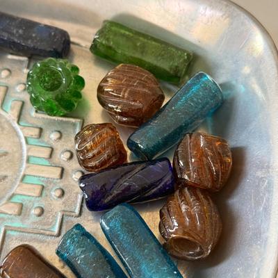 LOT 96K: Vintage Wilton Pewter Bead Tray w/ Collection of Large Glass Beads