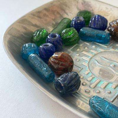 LOT 96K: Vintage Wilton Pewter Bead Tray w/ Collection of Large Glass Beads
