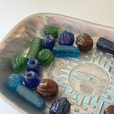 LOT 96K: Vintage Wilton Pewter Bead Tray w/ Collection of Large Glass Beads