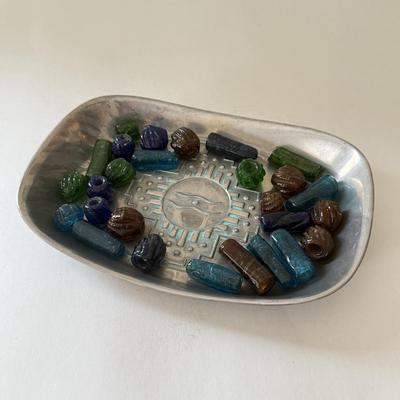LOT 96K: Vintage Wilton Pewter Bead Tray w/ Collection of Large Glass Beads