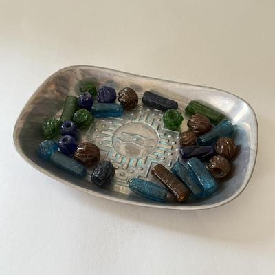 LOT 96K: Vintage Wilton Pewter Bead Tray w/ Collection of Large Glass Beads
