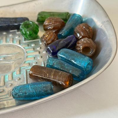 LOT 96K: Vintage Wilton Pewter Bead Tray w/ Collection of Large Glass Beads