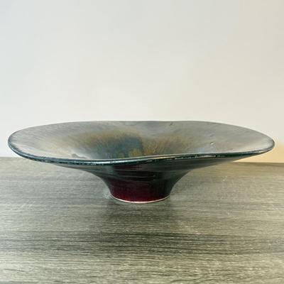 LOT 113K: Signed Art Pottery Iridescent Centerpiece Bowl & Signed Stoneware Spitoon