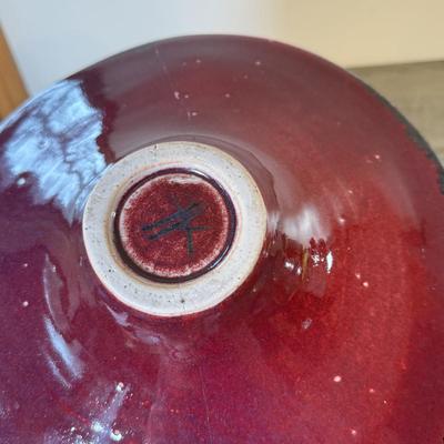 LOT 113K: Signed Art Pottery Iridescent Centerpiece Bowl & Signed Stoneware Spitoon