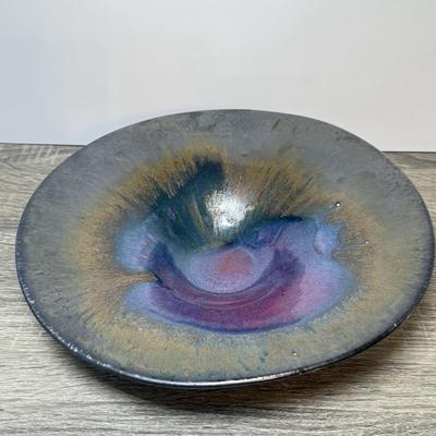 LOT 113K: Signed Art Pottery Iridescent Centerpiece Bowl & Signed Stoneware Spitoon