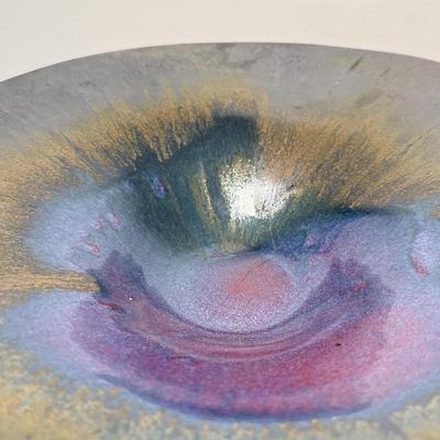 LOT 113K: Signed Art Pottery Iridescent Centerpiece Bowl & Signed Stoneware Spitoon