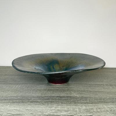 LOT 113K: Signed Art Pottery Iridescent Centerpiece Bowl & Signed Stoneware Spitoon