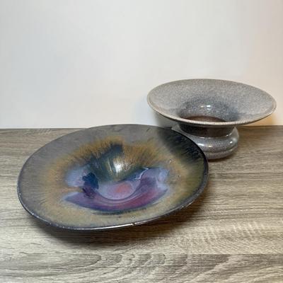 LOT 113K: Signed Art Pottery Iridescent Centerpiece Bowl & Signed Stoneware Spitoon