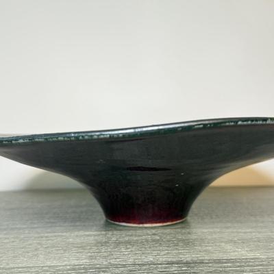 LOT 113K: Signed Art Pottery Iridescent Centerpiece Bowl & Signed Stoneware Spitoon