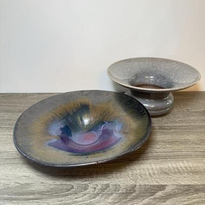 LOT 113K: Signed Art Pottery Iridescent Centerpiece Bowl & Signed Stoneware Spitoon