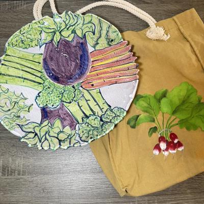 LOT 120K: Large 15.5-inch “Vegetarian Platter” signed by Artist & Hand Painted Turnip Canvas Tote