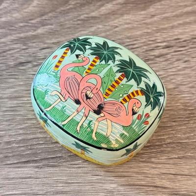 LOT 145K: Flamingo Lounge Dennis East Sign, Wood Flamingo Trinket Box made in India, Signed Pastel Pottery & More