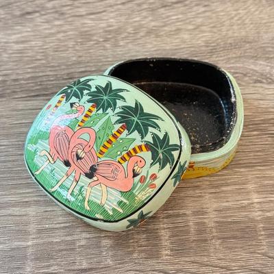 LOT 145K: Flamingo Lounge Dennis East Sign, Wood Flamingo Trinket Box made in India, Signed Pastel Pottery & More