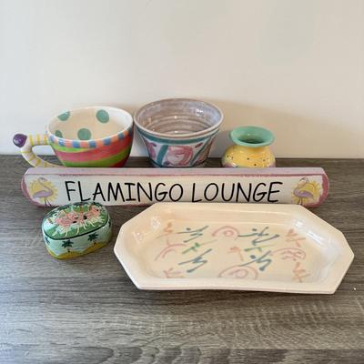 LOT 145K: Flamingo Lounge Dennis East Sign, Wood Flamingo Trinket Box made in India, Signed Pastel Pottery & More