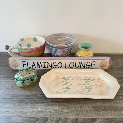 LOT 145K: Flamingo Lounge Dennis East Sign, Wood Flamingo Trinket Box made in India, Signed Pastel Pottery & More