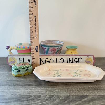 LOT 145K: Flamingo Lounge Dennis East Sign, Wood Flamingo Trinket Box made in India, Signed Pastel Pottery & More