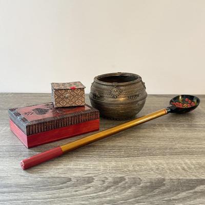 LOT 149K: Antique Brass Pot, Fabric Trinket Box, Wooden Carved Box & More