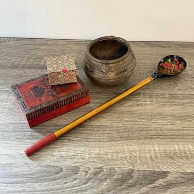 LOT 149K: Antique Brass Pot, Fabric Trinket Box, Wooden Carved Box & More