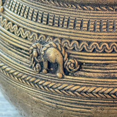 LOT 149K: Antique Brass Pot, Fabric Trinket Box, Wooden Carved Box & More