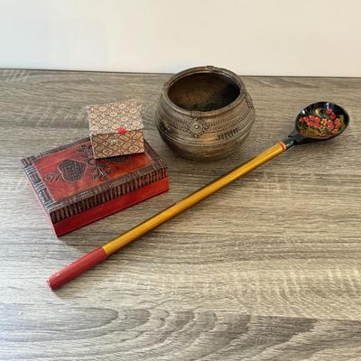 LOT 149K: Antique Brass Pot, Fabric Trinket Box, Wooden Carved Box & More