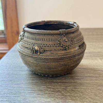 LOT 149K: Antique Brass Pot, Fabric Trinket Box, Wooden Carved Box & More