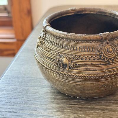 LOT 149K: Antique Brass Pot, Fabric Trinket Box, Wooden Carved Box & More
