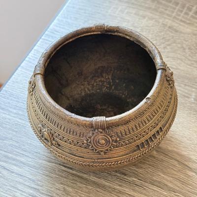 LOT 149K: Antique Brass Pot, Fabric Trinket Box, Wooden Carved Box & More