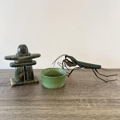 LOT 181K: Lucky Metal Grasshopper, Metal Flower Frog & Stone Sculpture