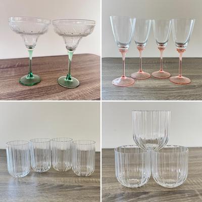 LOT 183K: Margarita Glasses, Pink Stem Wine Glasses & More Drinkware