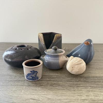 LOT 188: Carved Rabbit Whistle w/ Stamp & Mini Pottery Collection: Stoneware, Signed & More