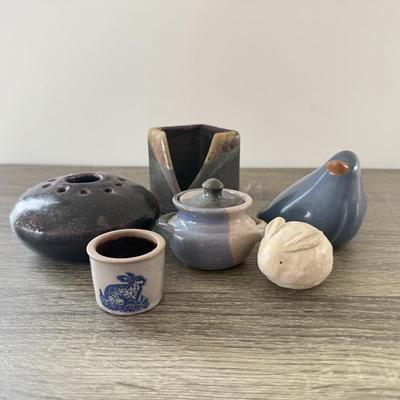 LOT 188: Carved Rabbit Whistle w/ Stamp & Mini Pottery Collection: Stoneware, Signed & More