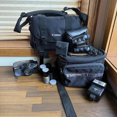 LOT 198X: Ricoh Shot Master Zoom 105 Camera, Nikon National Geographic Society Binoculars, Canon Camera Bag, Unused 35mm Film & More