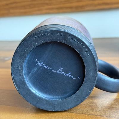 LOT 221K: Signed Stoneware Pottery Mug, Black & Indigo Flower Garden Mug Pair, “Save my Spot” Tray & More