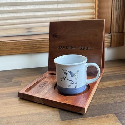 LOT 221K: Signed Stoneware Pottery Mug, Black & Indigo Flower Garden Mug Pair, “Save my Spot” Tray & More