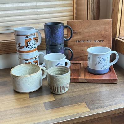 LOT 221K: Signed Stoneware Pottery Mug, Black & Indigo Flower Garden Mug Pair, “Save my Spot” Tray & More