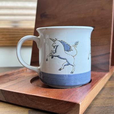 LOT 221K: Signed Stoneware Pottery Mug, Black & Indigo Flower Garden Mug Pair, “Save my Spot” Tray & More