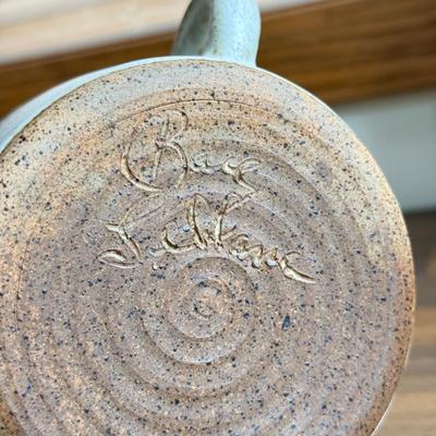 LOT 221K: Signed Stoneware Pottery Mug, Black & Indigo Flower Garden Mug Pair, “Save my Spot” Tray & More