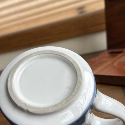LOT 221K: Signed Stoneware Pottery Mug, Black & Indigo Flower Garden Mug Pair, “Save my Spot” Tray & More