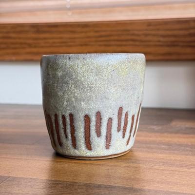 LOT 221K: Signed Stoneware Pottery Mug, Black & Indigo Flower Garden Mug Pair, “Save my Spot” Tray & More