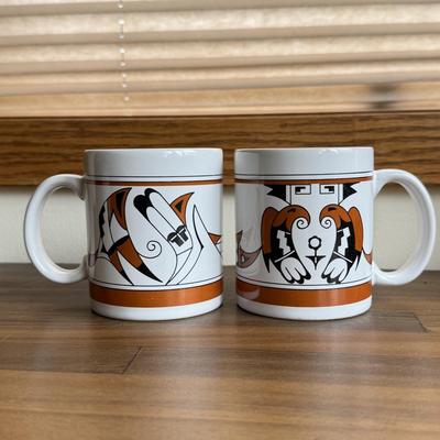 LOT 221K: Signed Stoneware Pottery Mug, Black & Indigo Flower Garden Mug Pair, “Save my Spot” Tray & More