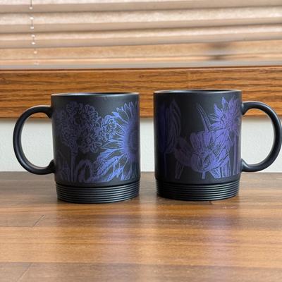 LOT 221K: Signed Stoneware Pottery Mug, Black & Indigo Flower Garden Mug Pair, “Save my Spot” Tray & More