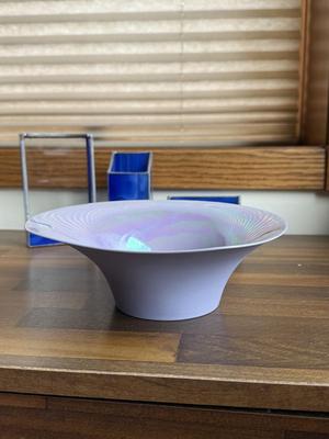 LOT 227: Signed Kathleen Ryan Iridescent Bowl, Mini Green Glass Vase, Blue Stained Glass Pieces & More