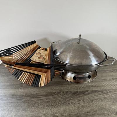 LOT 229: Stainless Steel Wok w/ Lid & Base and Bamboo Folding Basked made from Recycled Chopsticks